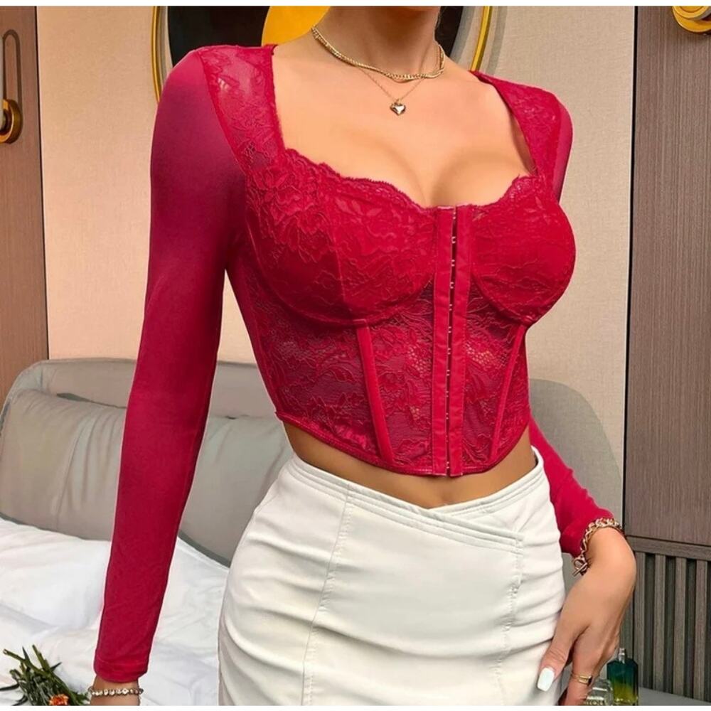 Mesh Lace Corset Bustier Top Womens Large Sheer Party Festival